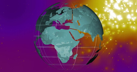 Poster - Rotating globe image over colorful background with glowing particles