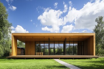 Wall Mural - a modern wooden house in the countryside, with large windows and a terrace on one floor.