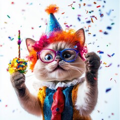  Adorable party cat wearing colorful outfit with glasses and hat celebrating with confetti and festive decor in a joyful atmosphere