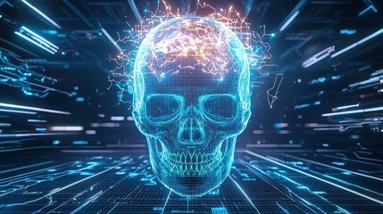 Poster - A neon-lit 3D skull with a futuristic, cyberpunk aesthetic, featuring glowing blue lines, a metallic finish, and a digital grid background.