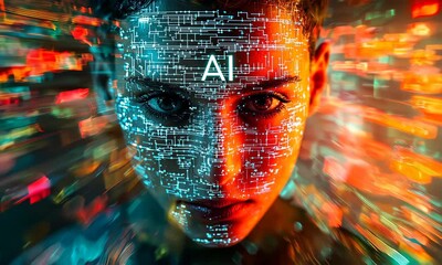 Poster - Person's Face with Futuristic AI Circuit Overlay