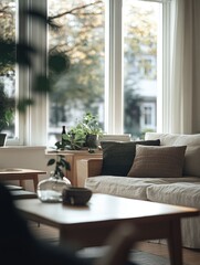 Wall Mural - A stylish living room bathed in natural light from large windows.