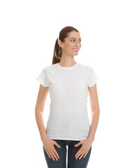 Wall Mural - woman wearing cotton t-shirt on white background