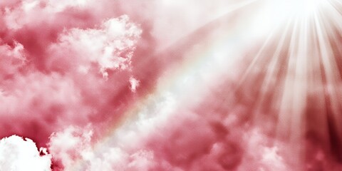Poster - Dramatic Pink Sky Cloudscape Sunbeams Rainbow Pastel Colors Nature Background
