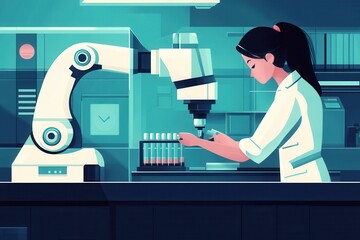 Poster - a lab technician using an automated pipetting robot to prepare multiple samples for testing,