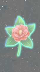 Wall Mural - Vintage illuminated camellia flower with starry and grunge texture motion background. Mystical floral backdrop.	