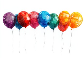 Wall Mural - Colorful Watercolor Balloons Arrangement on White Background Ideal for Celebrations and Festive Occasions with a Playful and Cheerful Atmosphere