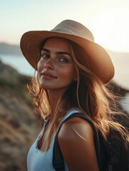 a young woman in a straw hat smiles against the backdrop of a sunset beach, evoking feelings of wand