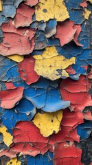 Poster - Vibrant Abstract of Peeling Paint Layers in Red Blue and Yellow Colors on Weathered Surface Texture Close Up