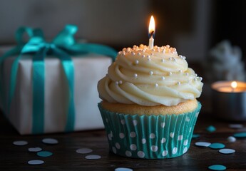 Wall Mural - Delicious cupcake with cream frosting and a lit birthday candle, surrounded by festive decorations and a gift box in soft lighting