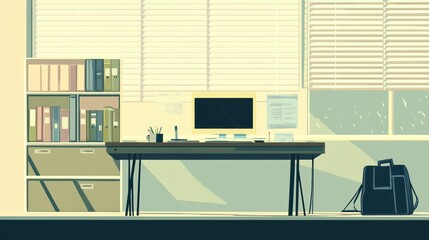 Poster - Interior Office Workspace, Sunlight, Calm Ambiance, Productivity, Empty Desk, Ideal Workspace
