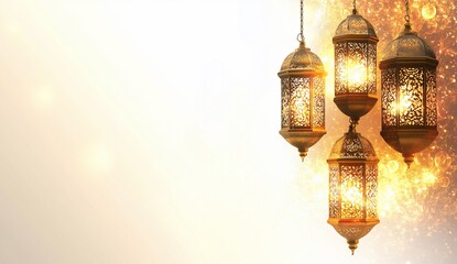 Wall Mural - Ornate gold lanterns glow, suspended for Ramadan. Soft, warm sparkle background