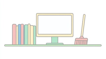 Poster - Desk with computer, books, and broom; spring cleaning