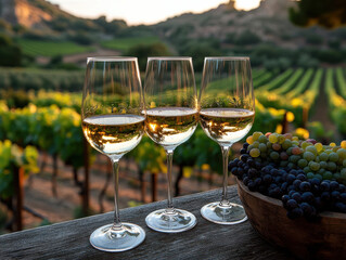 Elegant wine glasses reflect sunlight in scenic vineyard setting