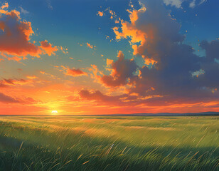 Poster - Sunset Over Grassy Field