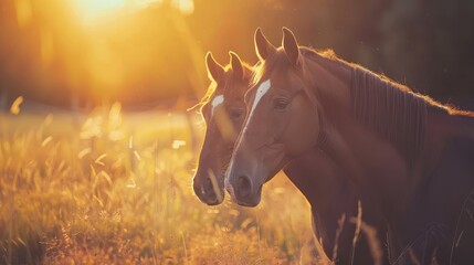 Wall Mural - Two majestic horses grazing in a field under a golden sunset