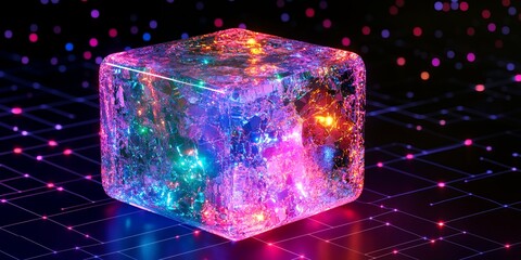 Poster - Luminous Crystal Cube Abstract Art Digital 3D Render Neon Lights