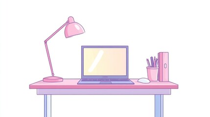 Poster - Pastel Desk Workspace with Laptop and Lamp