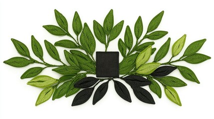 Poster - Embroidered green and black leaves arranged symmetrically around a square