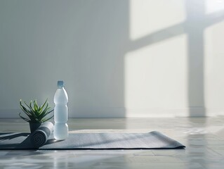 Wall Mural - Serene yoga mat and water bottle with plant in natural light