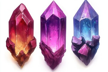Poster - Three vibrant crystals in red purple and blue hues against a clean white backdrop showcasing mineral beauty and gemstone detail for stock photography