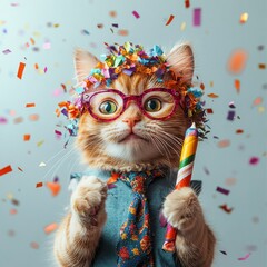  Playful Cat Celebrating Joyful Occasion with Colorful Confetti and Bright Accessories in a Cheerful Atmosphere