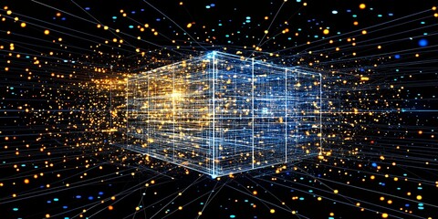 Poster - Abstract Digital Cube Network Data Visualization glowing lines and nodes in dark space