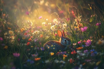 Wall Mural - A heartwarming photograph of a young rabbit nestled among a field of wildflowers. A rabbit sits amidst vibrant flowers in a sunlit field, enjoying the warmth of a bright, sunny day.