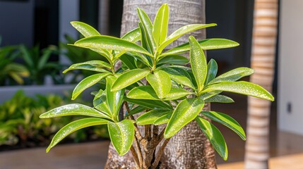 Lush green plant with vibrant leaves growing against a tree trunk.