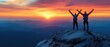 © Duskcraft - Adventurous hikers celebrating success on mountain peak at vibrant sunset with majestic mountain range and dramatic sky creating inspiring landscape