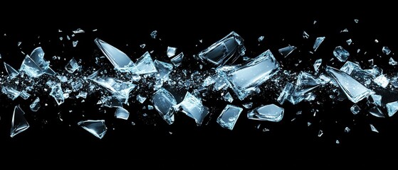 Poster - Shattered glass fragments suspended in mid air against a stark black backdrop creating a dramatic and dynamic visual impact with bright light