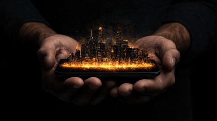 Poster - Hands Holding A Phone Displaying A Glowing Cityscape