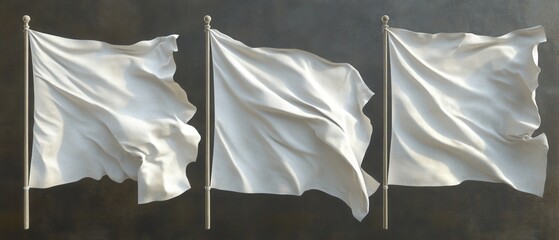 Aufkleber - Three white flags waving gently on poles against a dark textured background symbolizing surrender neutrality or a blank canvas for creative expression