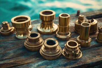 Collection of golden brass fittings and connectors on a wooden surface near the water.