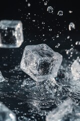 Poster - Refreshing Ice Cubes Splashing in Water on a Dark Background Capturing the Essence of Coldness and Purity in a Studio Shot
