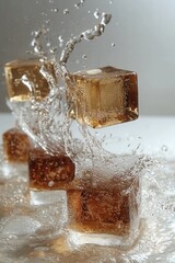Poster - Dynamic Splash of Golden Ice Cubes Creating a Refreshing and Energetic Visual with Clean Background and Eye Catching Angle