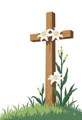 Wall Mural - Minimalist Wooden Cross with White Lilies, Outdoor Daylight Setting, Copy Space for Text