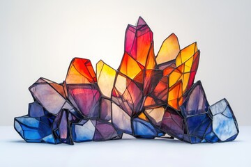 Wall Mural - A vibrant stained glass sculpture resembling a cluster of colorful crystals, showcasing a dynamic interplay of light and shadow.