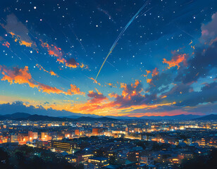 Poster - Night cityscape with stars and a shooting star