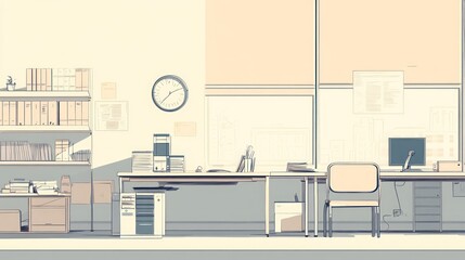 Poster - Sunny office interior, desks, documents, background for website