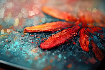 Poster - Abstract oil painting depicting a vibrant flower with blurred bokeh lights in the background, creating a whimsical and dreamlike artistic composition.