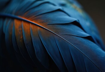 Poster - Macro close-up of dark blue feather with orange tints. Feather delicate texture, displaying intricate patterns, soft plumes, smooth curves. Elegant abstract background for fashion, beauty, decorative