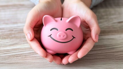 Wall Mural - Hands holding smiling piggy bank, savings, wooden table background, financial security