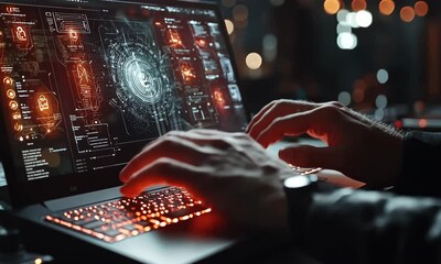 Poster - Closeup Red Lit Laptop Keyboard Abstract Data Visualization Night