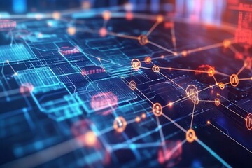 Poster - A global map overlaid with digital blockchain nodes and data connections . A world map featuring numerous interconnected dots, symbolizing global connections .