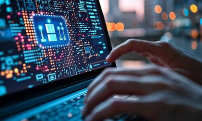 Poster - Hands Typing on Laptop with Glowing Digital Data on Screen