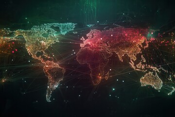 Poster - A global map overlaid with digital blockchain nodes and data connections . A world map featuring numerous interconnected dots, symbolizing global connections .