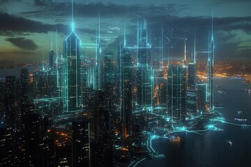 Poster - a global economic network represented by holographic nodes connecting major cities across the globe,