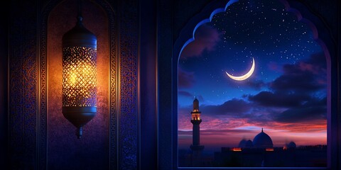 Wall Mural - Lantern glow in archway, mosque silhouetted under crescent moon at dusk