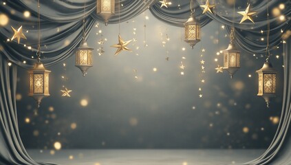 Wall Mural - Ornate lanterns and stars hang from draped fabric backdrop for Ramadan events